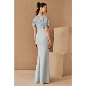 NWT Adrianna Papell x BHLDN Justina Blue Lace Knit Crepe Gown Dress Clear Water